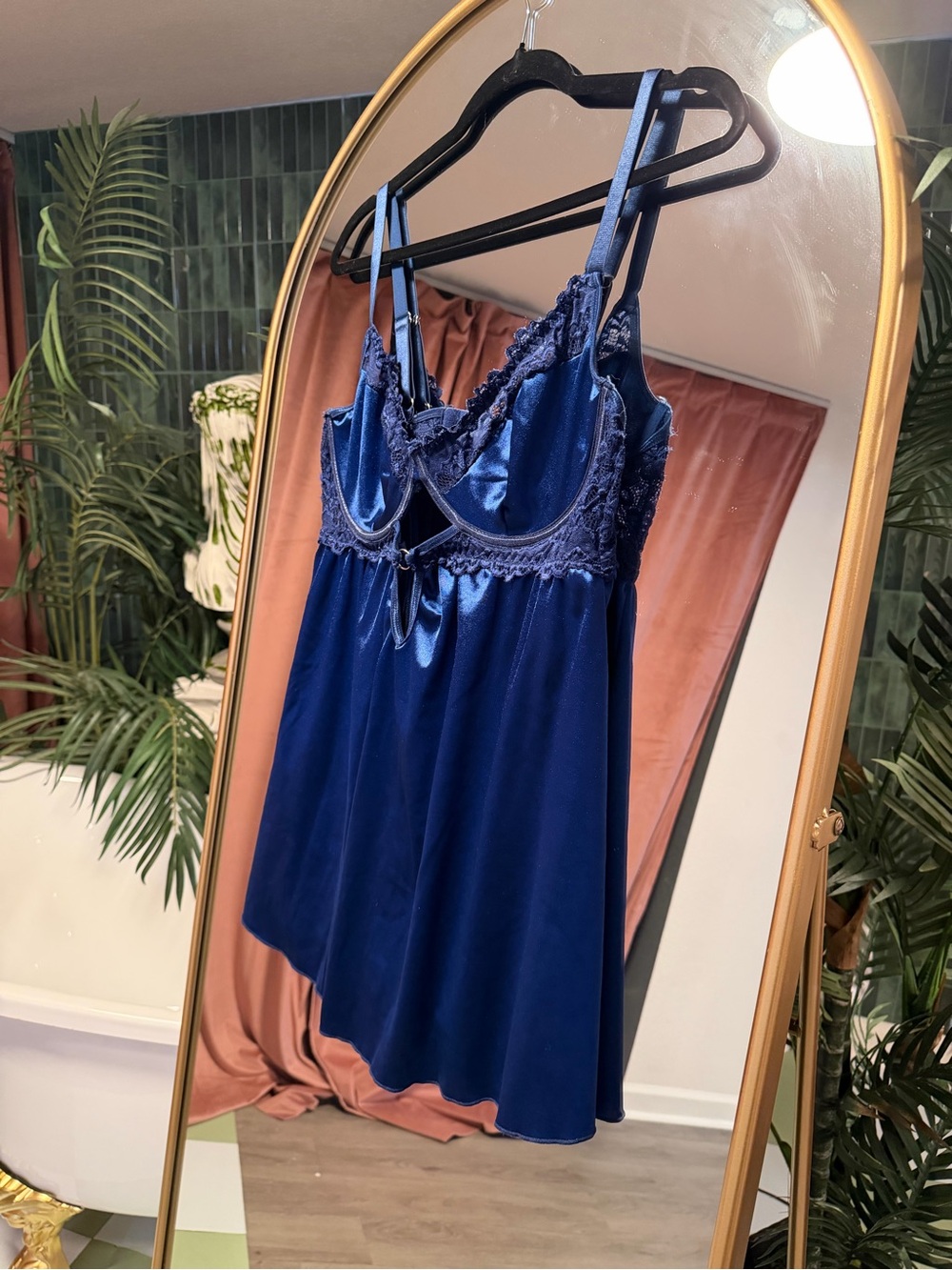 Navy Satin & Lace Chemise Nightdress - Women Intimates